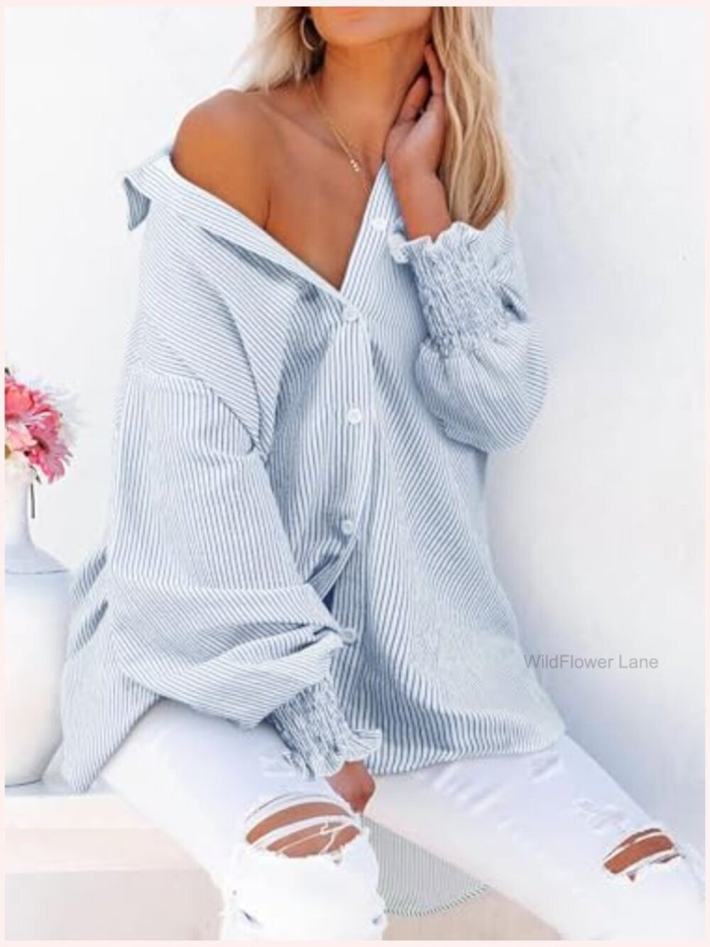Long Sleeve Striped Button Down Shirt Oversized Blouse - Picture 4 of 7